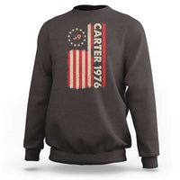 Dark chocolate crewneck sweatshirt with vertical “Carter 1976” and American flag graphic