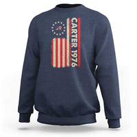 Navy crewneck sweatshirt with vertical “Carter 1976” and American flag graphic