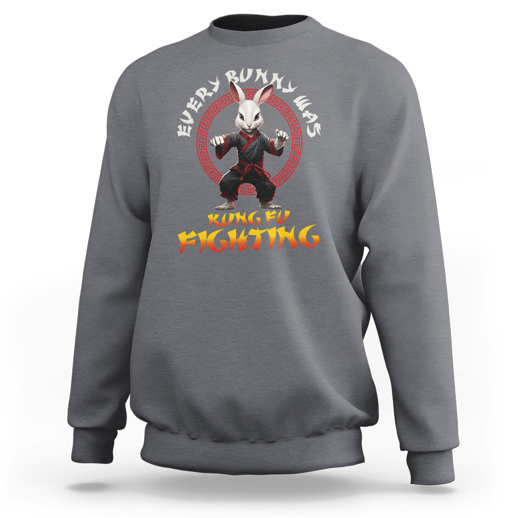 Charcoal gray crewneck sweatshirt with bunny kung fu graphic and 'KUNG FU FIGHTING' text