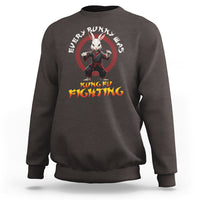 Dark chocolate crewneck sweatshirt with bunny kung fu graphic and 'KUNG FU FIGHTING' text