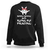 Black sweatshirt with cute bunny graphic and "Every Bunny is Kung Fu Fighting" print