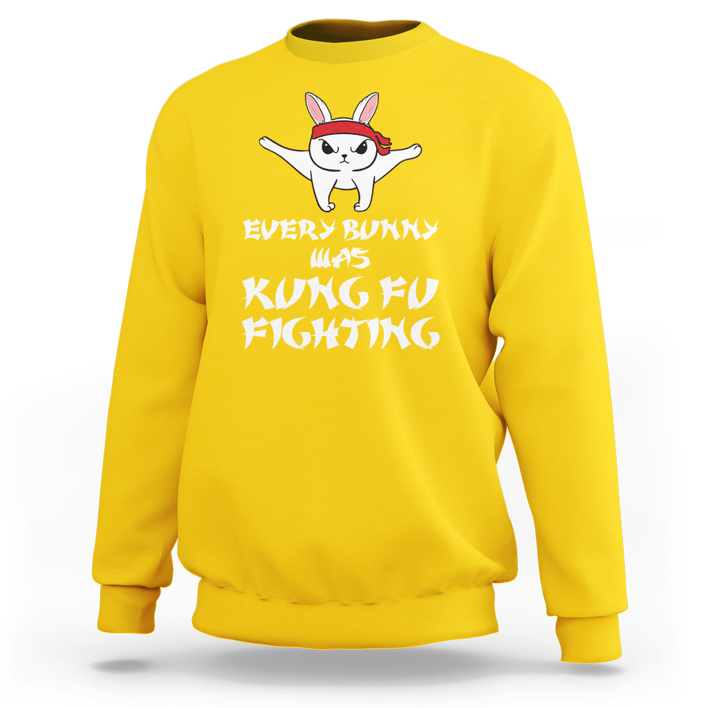 Daisy yellow sweatshirt with bunny graphic and "Every Bunny is Kung Fu Fighting" print
