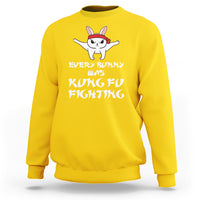 Daisy yellow sweatshirt with bunny graphic and "Every Bunny is Kung Fu Fighting" print