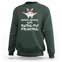 Dark forest green sweatshirt with bunny graphic and "Every Bunny is Kung Fu Fighting" print