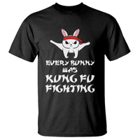 Black crewneck T-shirt with cartoon bunny and martial-arts slogan graphic on front.