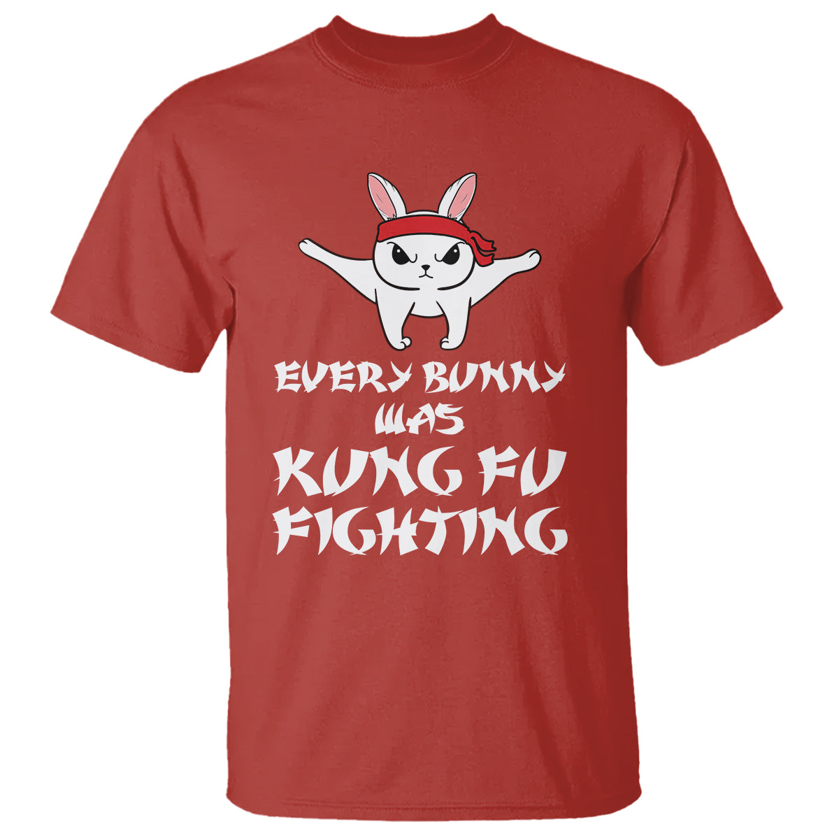 Red crewneck T-shirt with cartoon bunny and martial-arts slogan graphic on front.