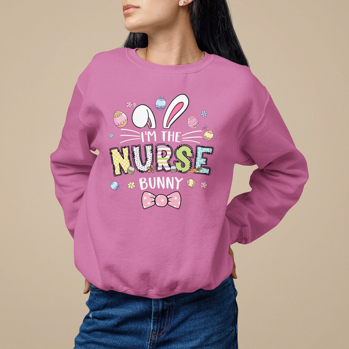 Azalea pink crewneck sweatshirt with 'I'm the Nurse Bunny' easter bunny graphic
