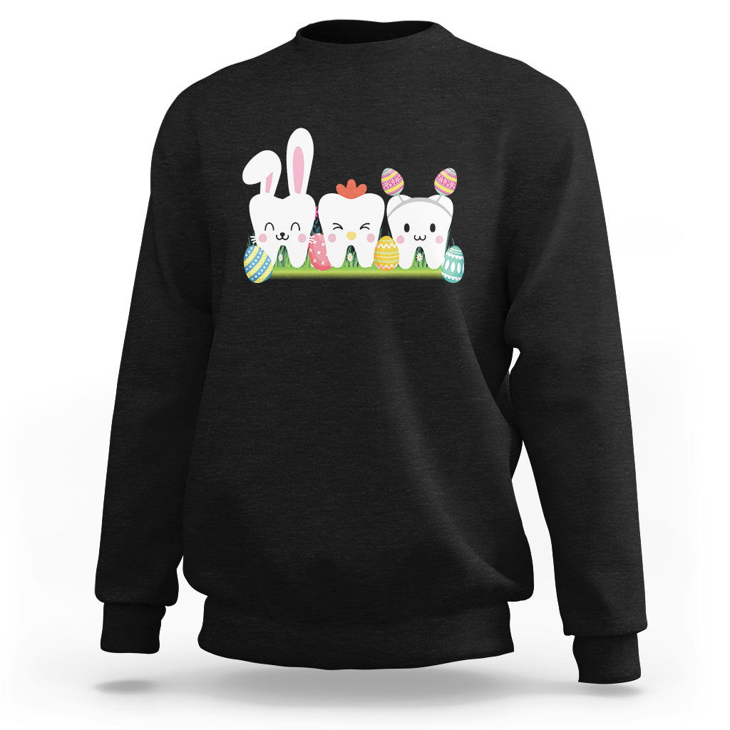 Black sweatshirt with cute bunny and tooth graphic across the chest