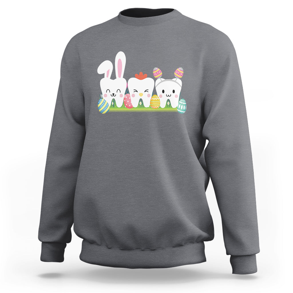 Charcoal gray sweatshirt with bunny and colorful tooth graphic across the chest
