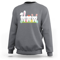 Charcoal gray sweatshirt with bunny and colorful tooth graphic across the chest
