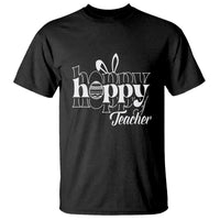 Black Easter teacher T-shirt with 'Happy Hoppy' bunny egg graphic on front