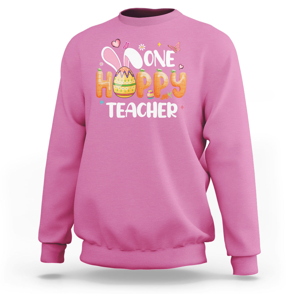 Azalea pink crewneck sweatshirt with bunny and One Hoppy Teacher graphic