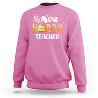 Azalea pink crewneck sweatshirt with bunny and One Hoppy Teacher graphic