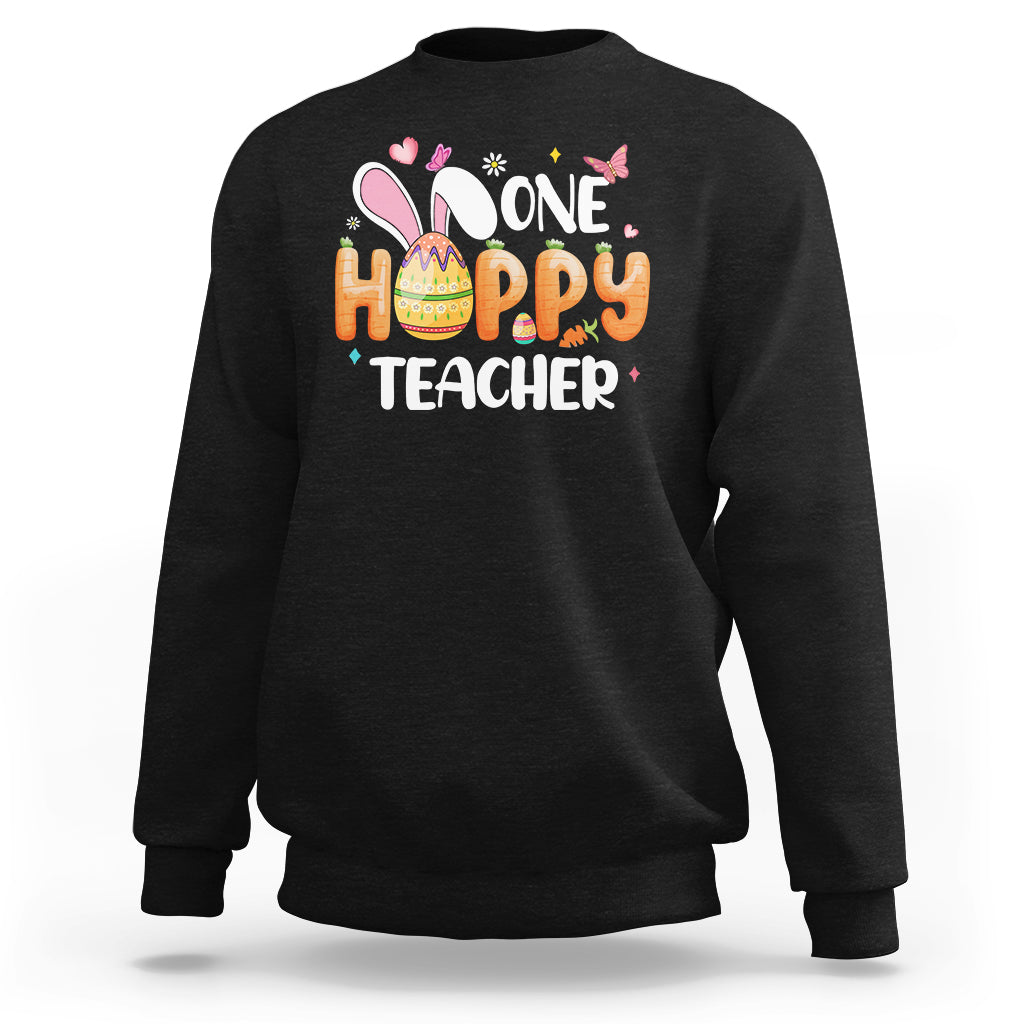 Black crewneck sweatshirt with bunny and One Hoppy Teacher graphic