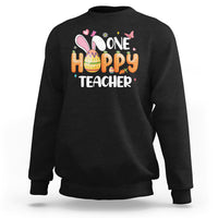 Black crewneck sweatshirt with bunny and One Hoppy Teacher graphic