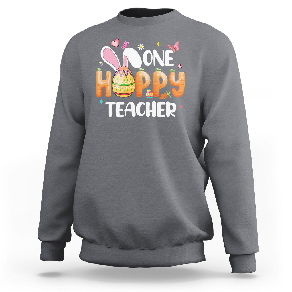 Charcoal crewneck sweatshirt with bunny and One Hoppy Teacher graphic