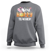 Charcoal crewneck sweatshirt with bunny and One Hoppy Teacher graphic