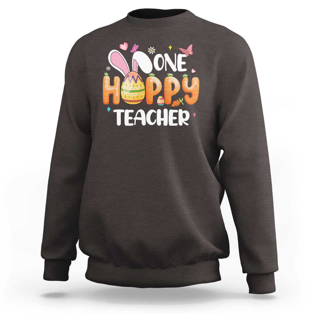 Dark chocolate crewneck sweatshirt with bunny and One Hoppy Teacher graphic