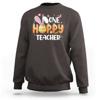 Dark chocolate crewneck sweatshirt with bunny and One Hoppy Teacher graphic