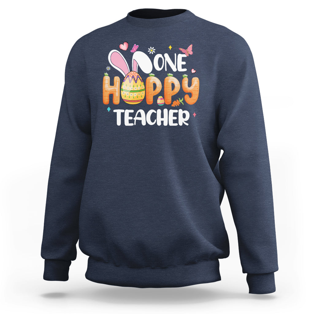 Navy crewneck sweatshirt with bunny and One Hoppy Teacher graphic