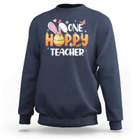 Navy crewneck sweatshirt with bunny and One Hoppy Teacher graphic