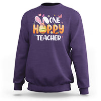 Purple crewneck sweatshirt with bunny and One Hoppy Teacher graphic