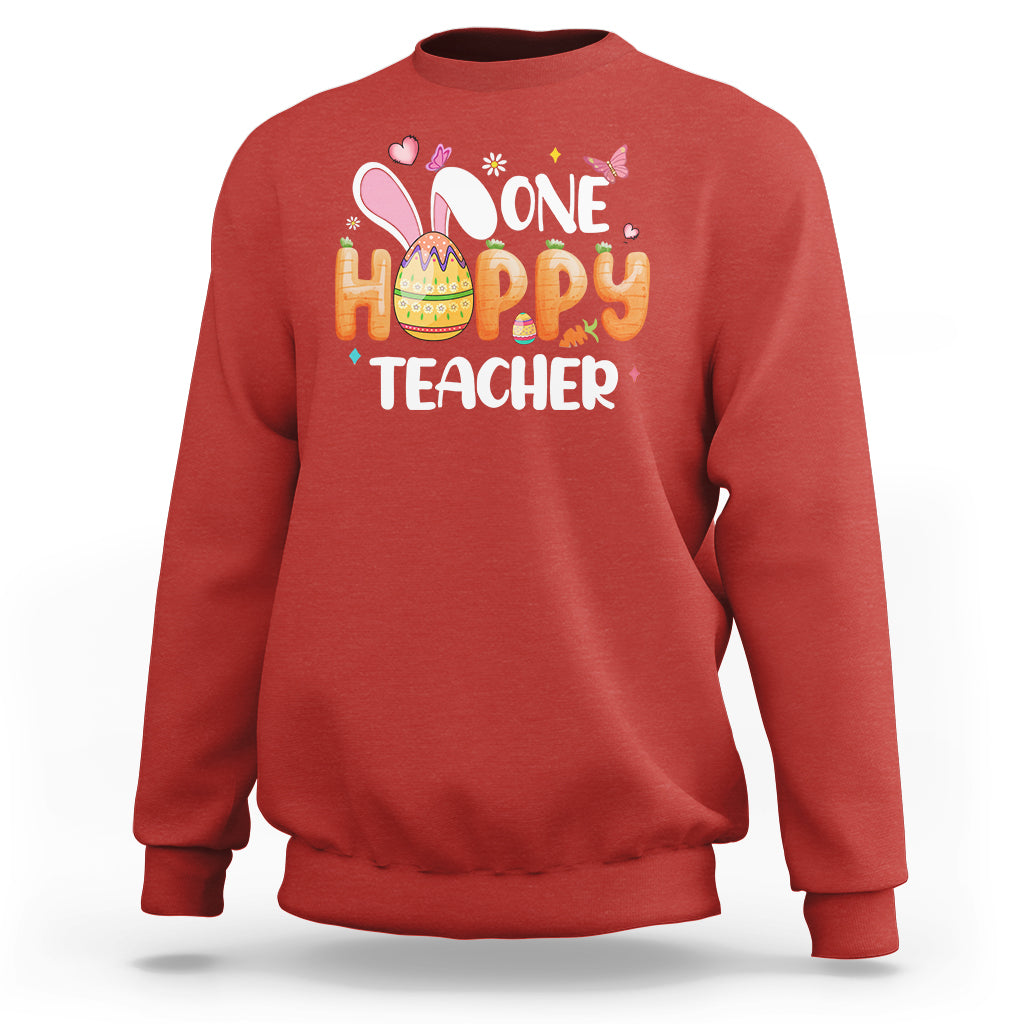 Red crewneck sweatshirt with bunny and One Hoppy Teacher graphic