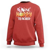 Red crewneck sweatshirt with bunny and One Hoppy Teacher graphic
