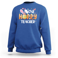 Royal blue crewneck sweatshirt with bunny and One Hoppy Teacher graphic
