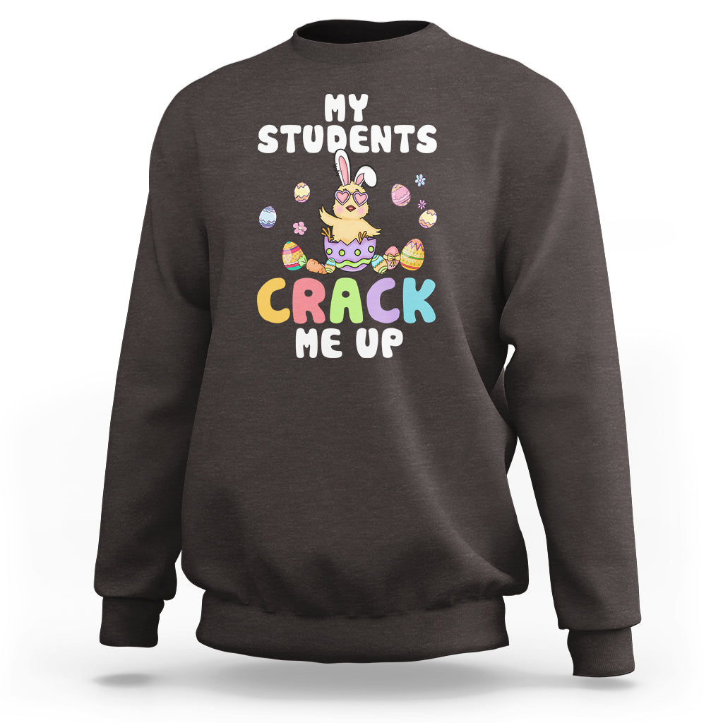 Dark chocolate brown sweatshirt with “My Students” and “Crack Me Up” chick graphic on chest
