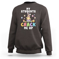 Dark chocolate brown sweatshirt with “My Students” and “Crack Me Up” chick graphic on chest
