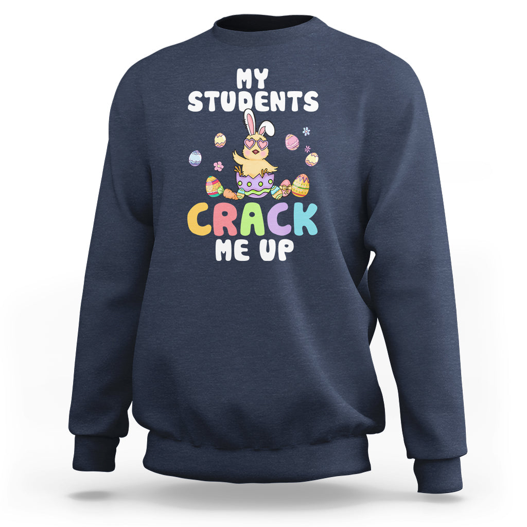 Navy sweatshirt with “My Students” and “Crack Me Up” chick graphic on chest