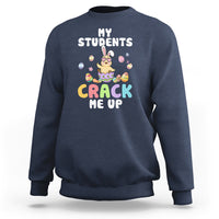 Navy sweatshirt with “My Students” and “Crack Me Up” chick graphic on chest