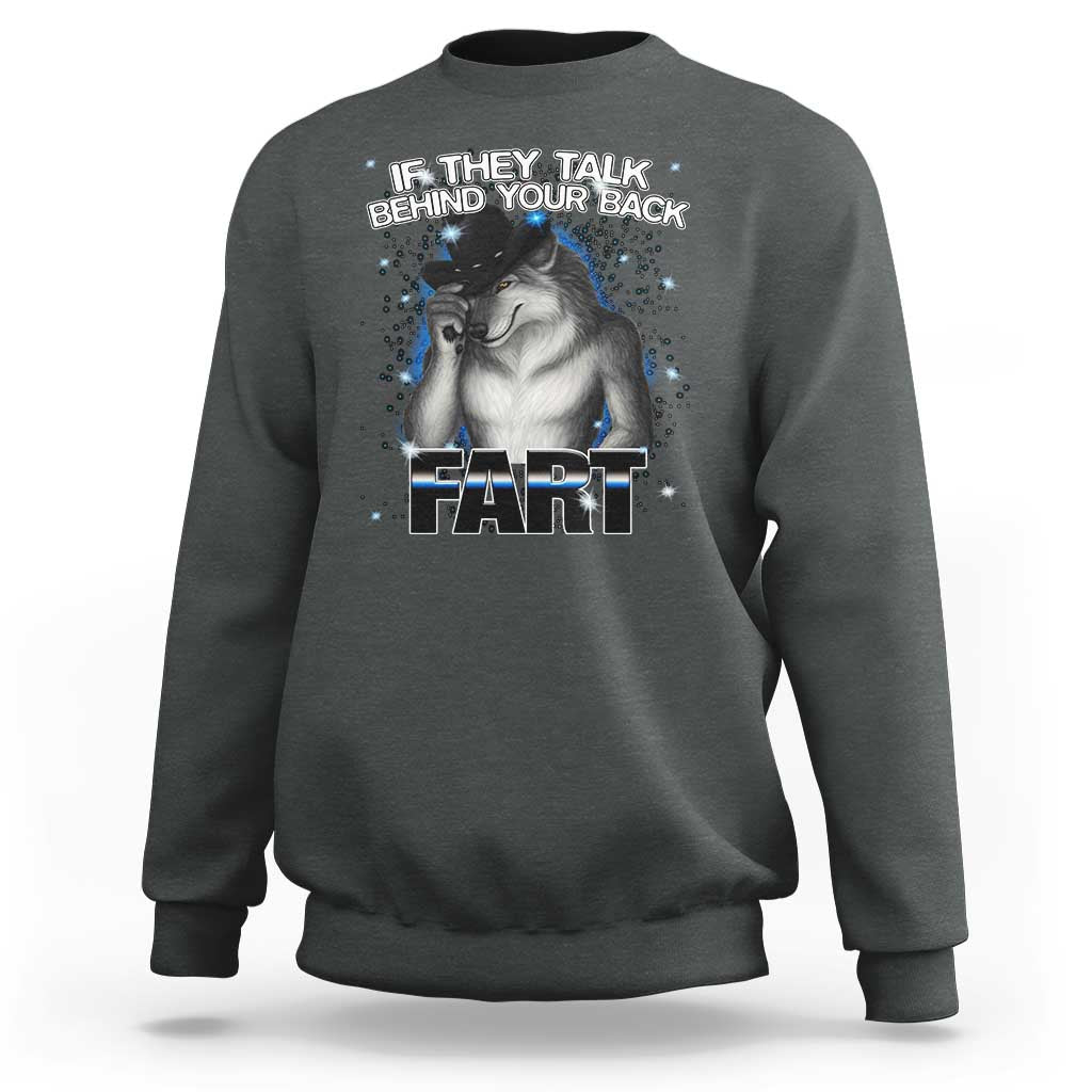 Men’s crewneck sweatshirt in charcoal gray with wolf graphic and “FART” text