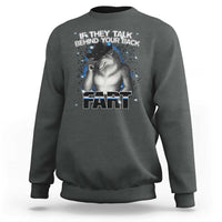 Men’s crewneck sweatshirt in charcoal gray with wolf graphic and “FART” text