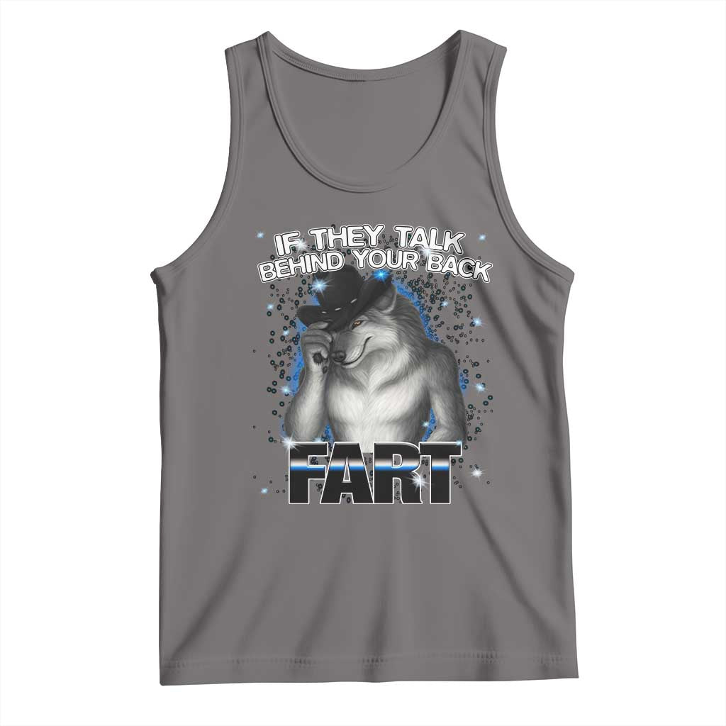 Gray tank top with wolf graphic and 'FART' text in bold print