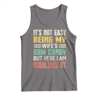 Gray funny slogan tank top with colorful distressed text on front