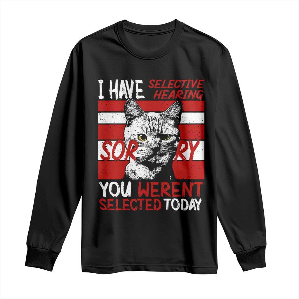 Black long sleeve T-shirt with cat graphic and red/white text design on front