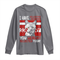 Charcoal gray long sleeve T-shirt with cat graphic and red/white text design