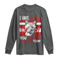 Dark heather long sleeve T-shirt with cat graphic and red/white text design