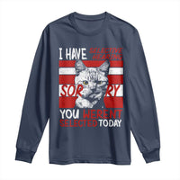 Navy long sleeve T-shirt with cat graphic and red/white text design on front