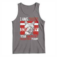 Dark gray cat graphic tank top with red and white striped text design