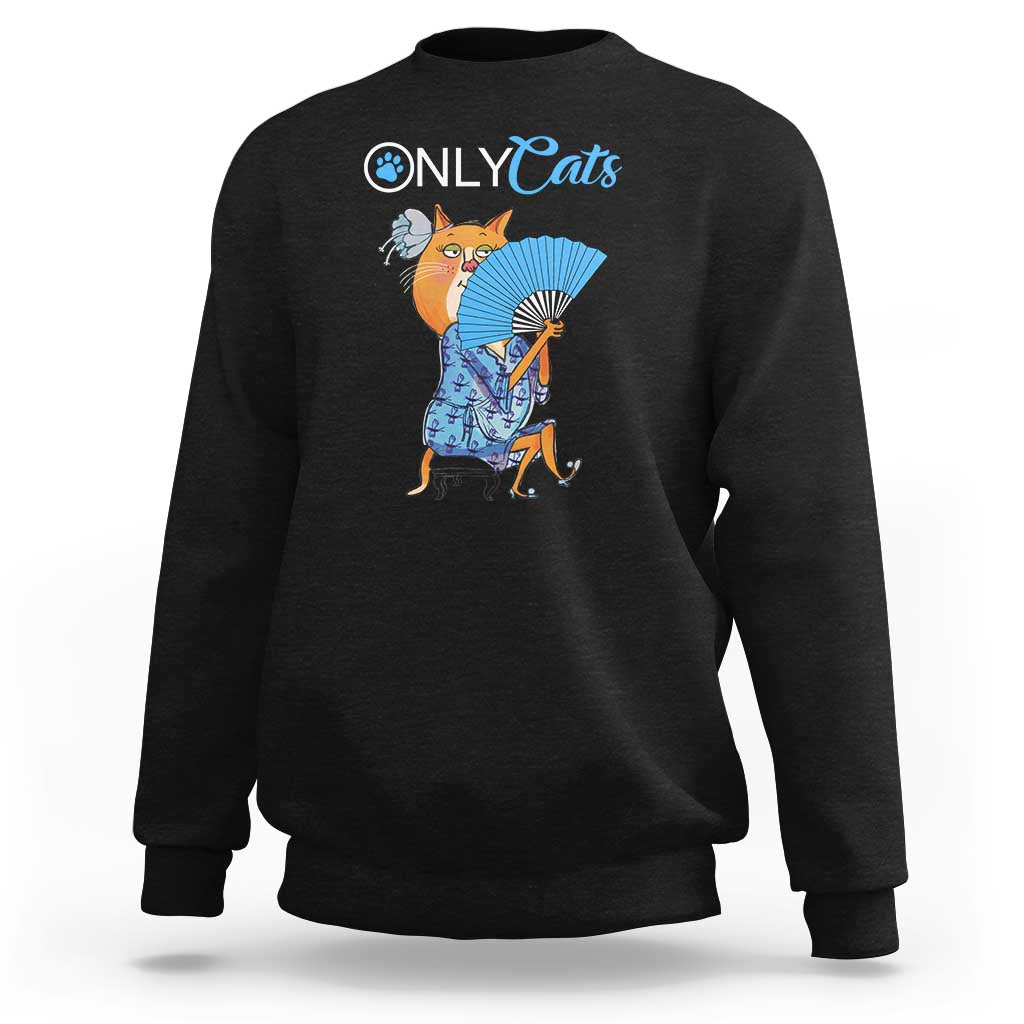 Black crewneck sweatshirt with 'OnlyCats' cat fan graphic on chest
