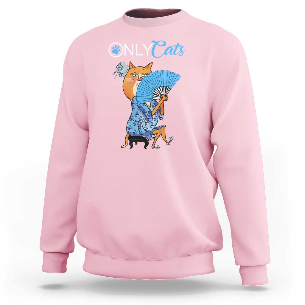 Light pink crewneck sweatshirt with 'OnlyCats' cat fan graphic on chest