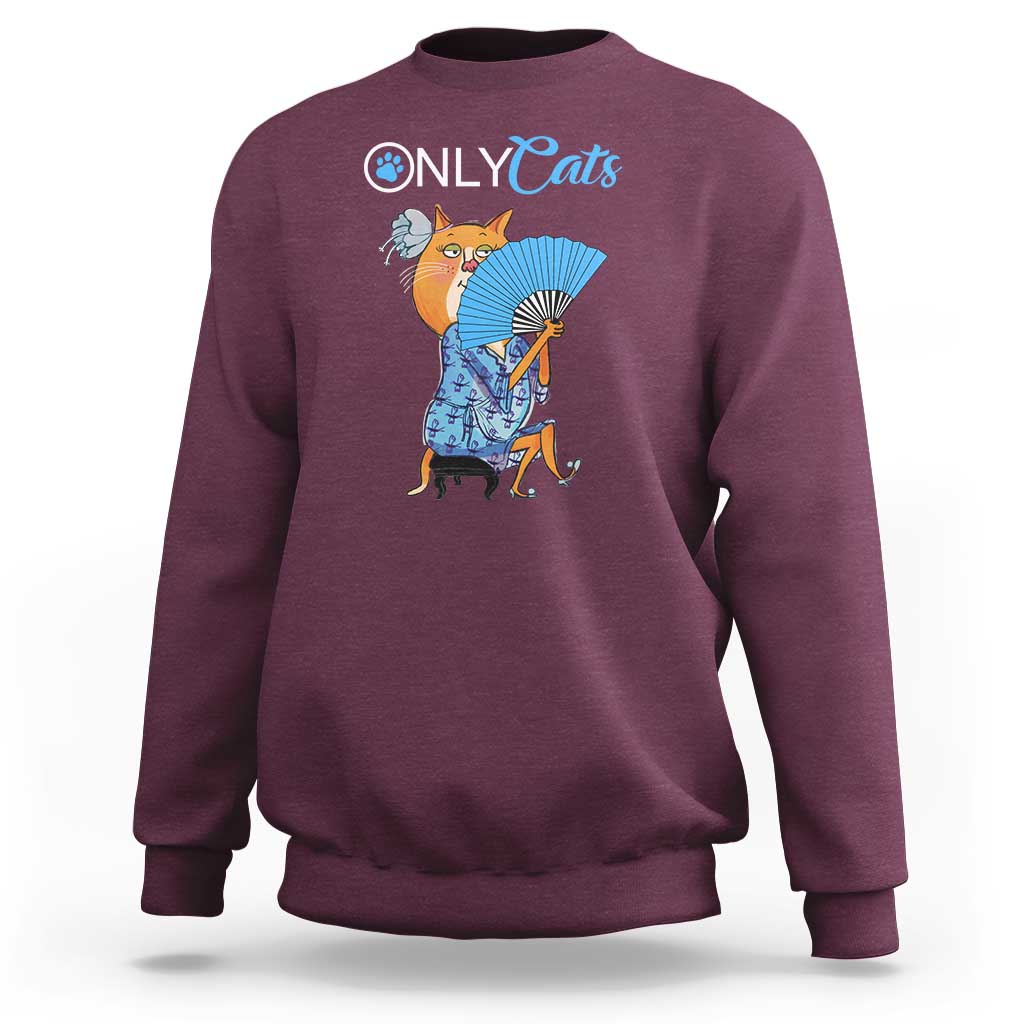 Maroon crewneck sweatshirt with 'OnlyCats' cat fan graphic on chest