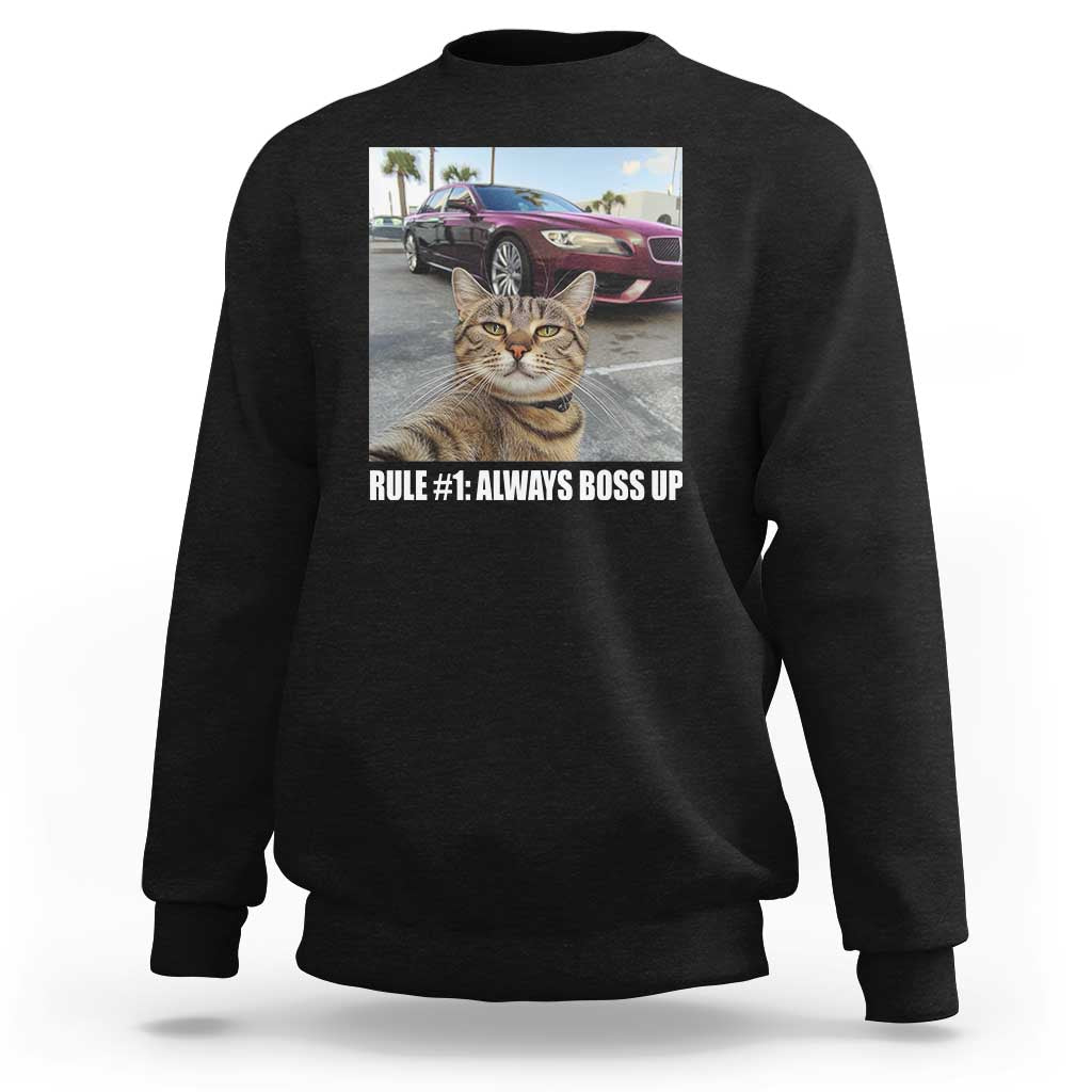 Black sweatshirt with cat meme front graphic and text “RULE #1: ALWAYS BOSS UP”