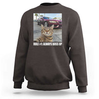 Dark chocolate sweatshirt with cat meme front graphic and text “RULE #1: ALWAYS BOSS UP”