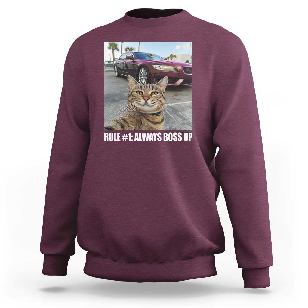 Maroon sweatshirt with cat meme front graphic and text “RULE #1: ALWAYS BOSS UP”