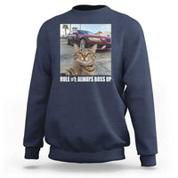 Navy sweatshirt with cat meme front graphic and text “RULE #1: ALWAYS BOSS UP”