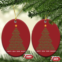Two red round Christmas ornaments with gold star, binary “Happy New Year” text, hanging on cords.